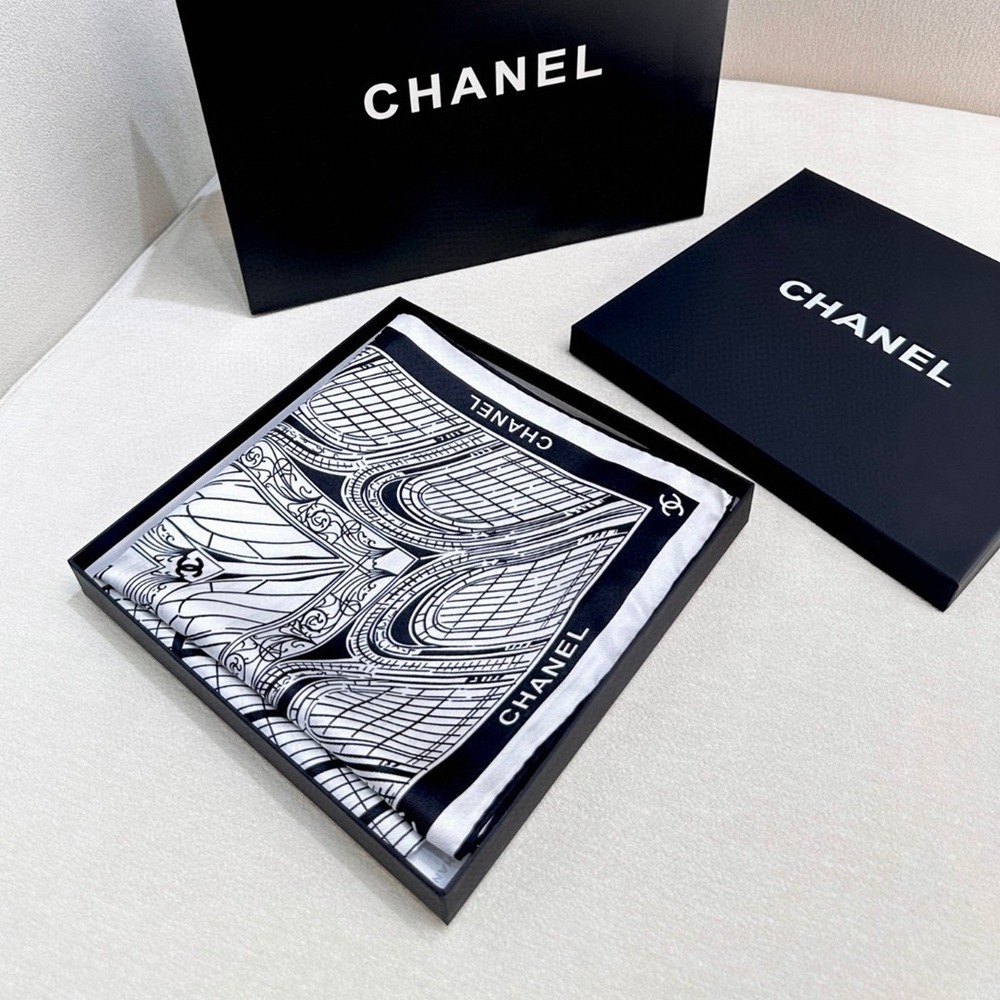 CHANEL Black & White Architectural Silk Scarf